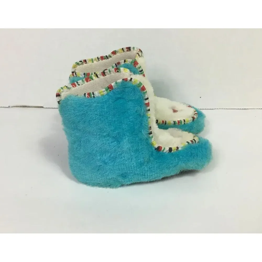 1960s Vintage Baby Booties Moccasin Size‎ 3 Fur animal Turquoise white Made USA
